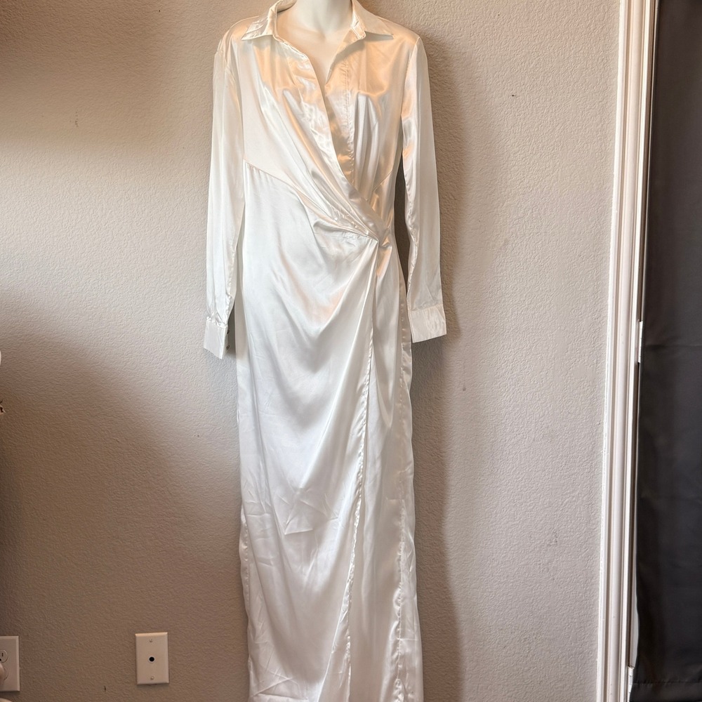 JLUXLABEL Wrap Satin Maxi Dress Womens White S Long Sleeve Collared Slit NWT